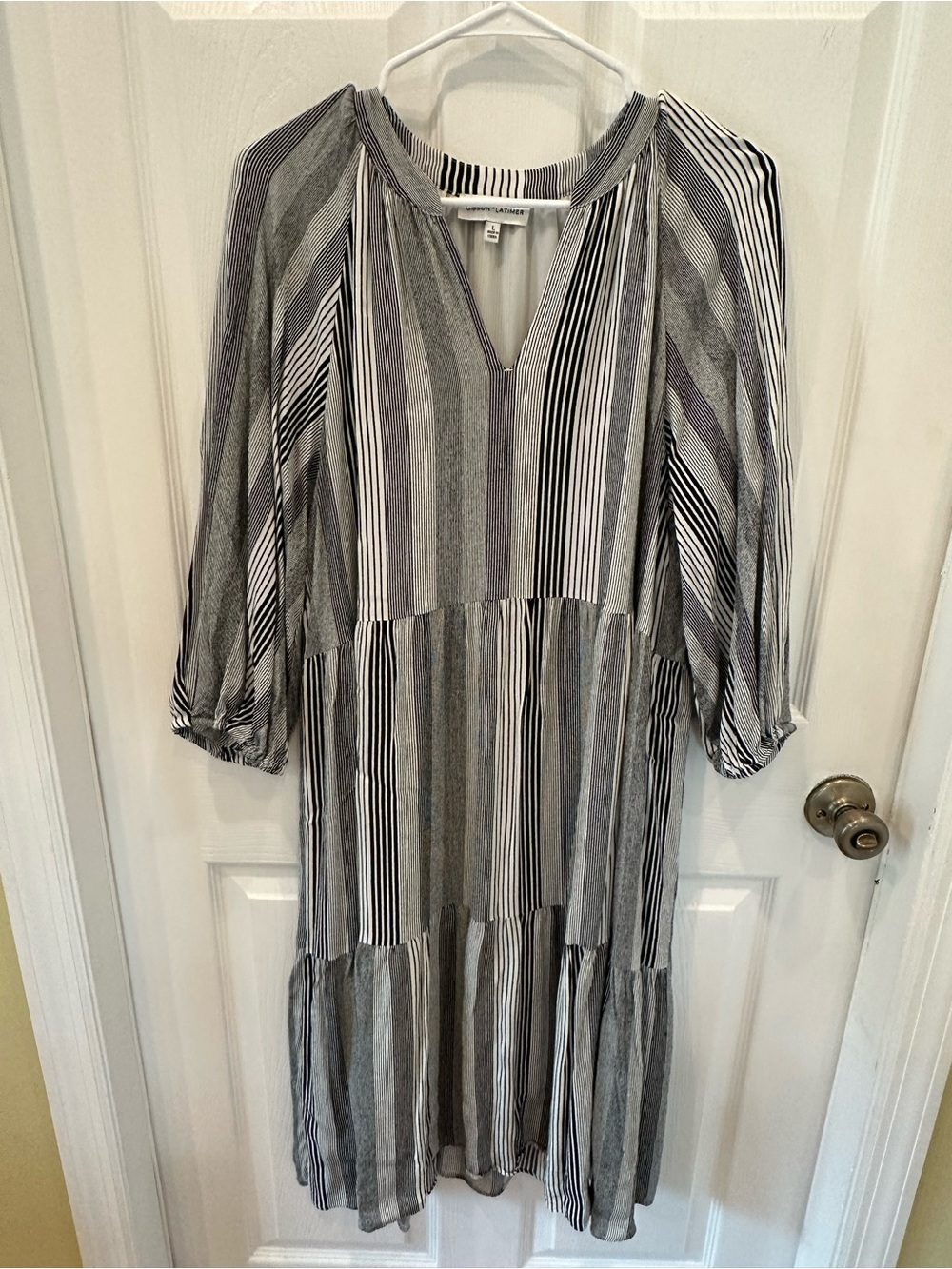 Gibson Latimer Striped Gray Black White Tiered Midi Dress